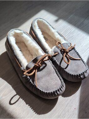 UGG Women's Gray Suede Moccasin Slippers with Cream Shearling and Brown Laces